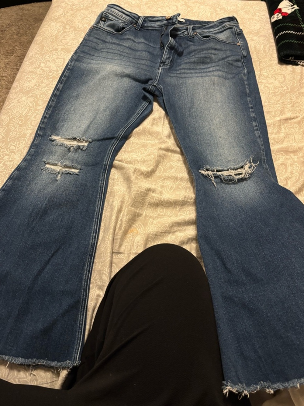 KanCan Distressed Blue Flare Jeans with Frayed Hem